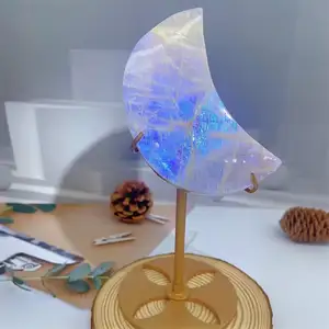 Vente en gros cristal naturel de haute qualité fait à la main agate fluorite cristal lune avec support en métal pour la décoration de la maison