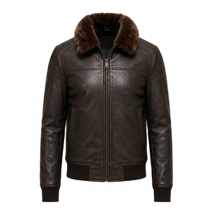 Blouson aviateur en cuir véritable pour homme avec col en fourrure et fermeture éclair - Product Image 1