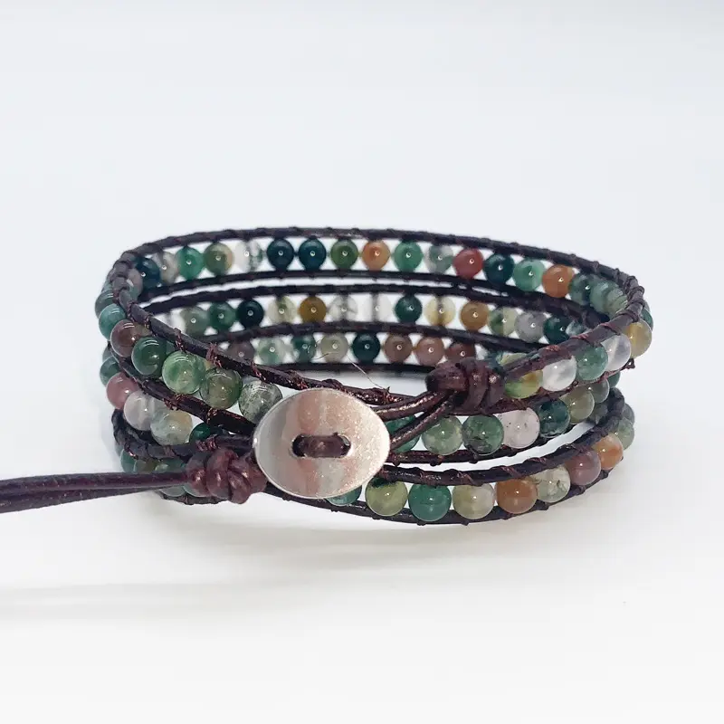 In magazzino nuovo stile fatto a mano perline di agata indiana naturale braccialetti avvolgenti In vera pelle gioielli da donna