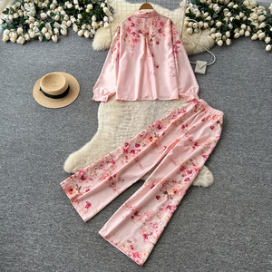 Completo Due Pezzi da <span class=keywords><strong>Donna</strong></span> con Stampa Floreale, Camicia a Maniche Lunghe con Bottoni e Pantaloni a Gamba Larga con Vita Elasticizzata, Set Casual Primavera-Autunno - Product Image 4
