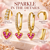 Boucles d'oreilles créoles fines plaquées or avec zircons cubiques et breloques cœur rose – Cadeau tendance pour mariage et fête pour femme – Bijoux de mode