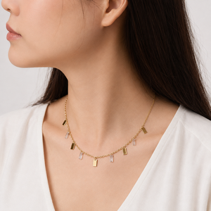 Collier à breloque rectangulaire en acier inoxydable et verre, plaqué or 14 carats sous vide, chaîne de 45 cm, options ton or et argent - Product Image 5