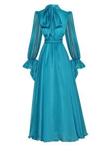 Robe longue bleue de soirée pour femmes, automne hiver <span class=keywords><strong>2022</strong></span>, col montant, nœud décoratif, manches longues, élégante, longue, bleue, Maxi, robe de Festival - Product Image 2