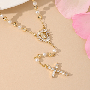 Nuovo <span class=keywords><strong>Rosario</strong></span> Lungo Religioso con Croce e Perline, Collana <span class=keywords><strong>Rosario</strong></span> Cattolico con Madonna, Collane con Perline Placcate <span class=keywords><strong>Oro</strong></span> - Product Image 3