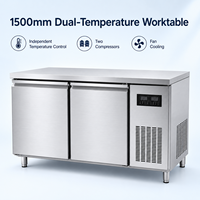Réfrigérateur-congélateur professionnel à double zone, 2 portes, 1500 mm, en acier inoxydable, double compresseur, refroidissement par ventilateur