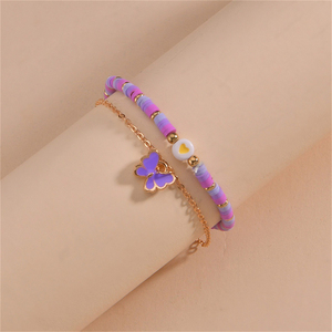 Tobillera con colgante de mariposa púrpura, tobillera de aleación dorada a la moda, tobillera de arcilla polimérica ajustable Bohemia, joyería fina para pie para niña - Product Image 3