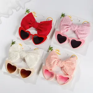 Wholesale 2pcs/set Sunglasses With Elastic Hair Bands Nylon Baby Headband Design Round Sun Glasses Kids Puff Bow Headwear