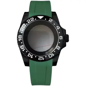 Boîtier de montre en acier inoxydable 316L électrolytique 40MM couverture arrière transparente noire bracelet en caoutchouc vert verre saphir NH35/36