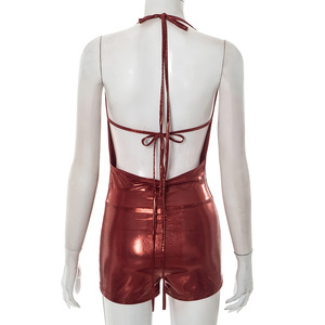Nouvelle Combinaison Courte Sexy et Tendance pour Femme, Sans Manches, Col Halter, Décontractée, Dos Nu, à Nouer, Brillante - Product Image 4