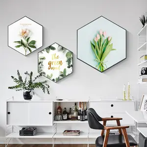 六角形装饰画绿色植物花北方欧式家庭装饰电视壁画