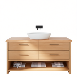 Meuble-lavabo de salle de bain en bois massif brun clair 63x15,7 pouces, design minimaliste, sur pied avec vasque en céramique - Product Image 1