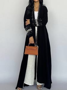 Abaya noire ornée de strass, col en V, modeste, ouverte sur le devant, manches longues, ODM, tenue de soirée islamique de luxe - Product Image 2