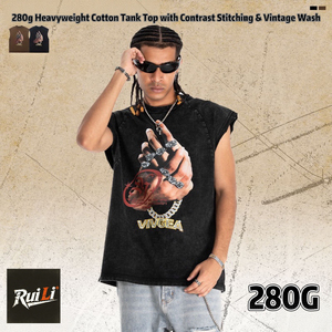 T-shirt vintage nera lavata senza maniche 100% cotone da <span class=keywords><strong>uomo</strong></span>, canotta hip hop con stampa grafica, streetwear oversize - Product Image 4