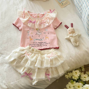 Tongxingyuan Sweet Girls' Suit 2026 Summer Pink Peter Pan <b>Collar</b> Printed T-shirt <b>Cake</b> Skirt Set For Kids - Product Image 2