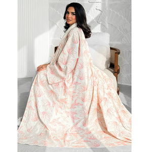 LEDUO Customized Elegant Linen Blend Floral Embroidered Abaya Kimono Open Style <b>Long</b> Sleeve Modest Outerwear - Product Image 1
