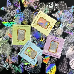 Hot sell 50pcs holographic stickers transparent PET butterfly DIY decorative waterproof stickers bag for handbook bottle phone