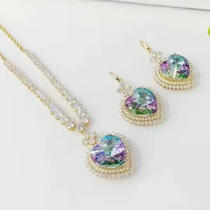 1069 Xuping Perhiasan Indah Mode Pesona Perhiasan Kristal Hati Kalung Anting Kelas Tinggi Dua Potong Set