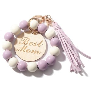 Pulsera de cuentas de madera de leopardo, llavero de cuerda elástica, borla tallada a mano, llavero de pulsera de disco - Product Image 5