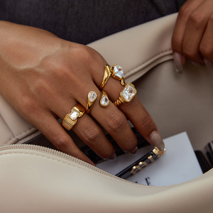 Yueli Geometric Zircon <b>Ring</b> <b>Set</b> <b>Gold</b> Tone Unisex Party Jewelry - Product Image 3