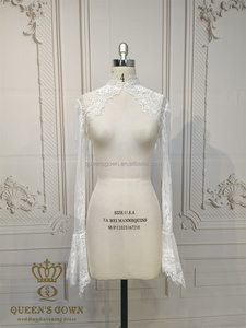 QUEENSGOWN Élégant Boléro de Mariée Amovible en Dentelle Chantilly Française <span class=keywords><strong>Ivoire</strong></span> à Manches Longues et Col Montant - Product Image 1