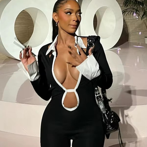 10164 Nouvelle Combinaison élégante et sexy à revers, dos nu, contrastante et ajustée - Product Image 2