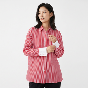 Blusa Roja a Rayas para Mujer, Estilo Retro, con Parches en los Puños, Manga Larga, Cuello Camisero, Camisa Informal Tejida para Uso Diario - Product Image 2