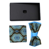 Ensemble de nœuds papillon et pochette de costume pour homme, en polyester tissé, à motifs géométriques et Paisley turquoise contrastant, pré-noué, double couche