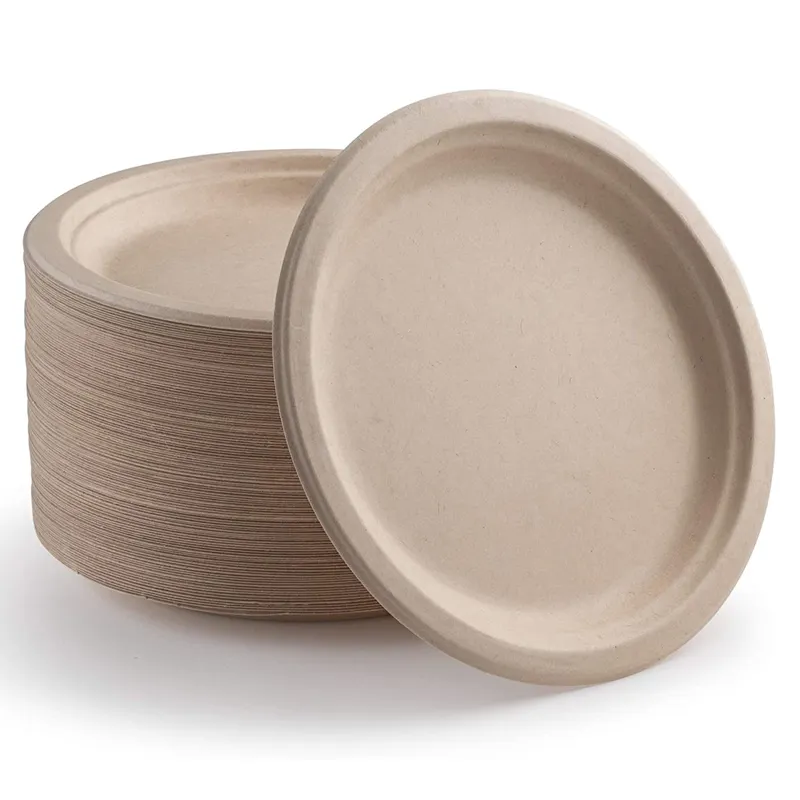 compostable plastic- free bagasse pulp paper plates durable unbleached sugarcane wedding hotel home use round tableware plate
