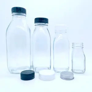 Оптовая продажа, прозрачная квадратная форма, 300 мл, 500 мл, 1000 мл, стеклянная бутылка для молока, воды, напитков, сока