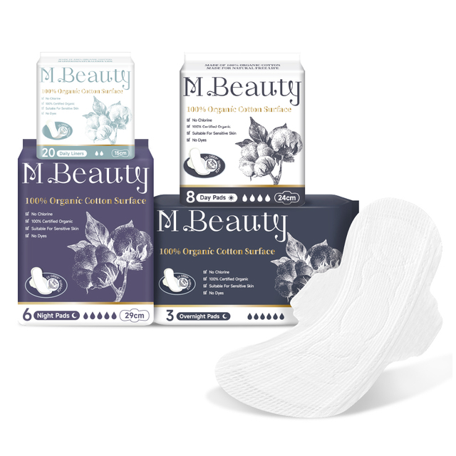M Beauty Organic Cotton Sanitary Pads 100% Certified Super Absorbent Breathable Winged Excel Sizes 150/240/290/410mm Women