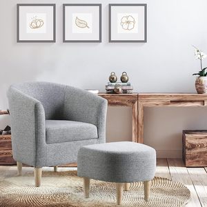 Mid Century Modern Upholstered Club Tub Round <strong>Chair</strong> Grey <strong>Barrel</strong> Comfy Fabric Arm Accent <strong>Chair</strong> with <strong>Ottoman</strong> Footrest <strong>Set</strong> of 2 - Product Image 3