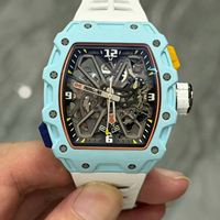 Montre de sport de luxe pour homme, dernier modèle 35-03, boîtier en fibre de carbone bleue, bracelet en caoutchouc, mouvement mécanique automatique squelette.