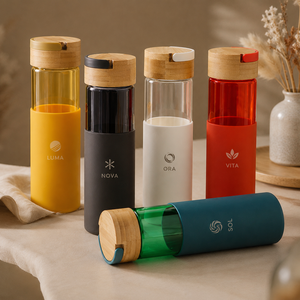 Bouteille d'eau en verre borosilicate de haute qualité pour l'extérieur, avec couvercle en bambou et manchon en silicone, bouteilles en verre portables - Product Image 1