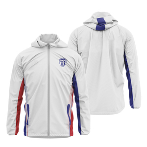 Hooded Full Sleeve Sports <b>Jacket</b> <b>Men</b> <b>White</b> Red Blue Color Blocking Sublimated Print Zipper Closure Breathable Polyester - Product Image 1
