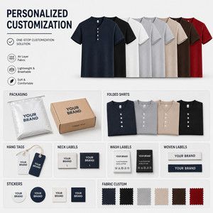 Custom Logo Air Layer Henley T-Shirt Men 4-Button Raglan Sleeve Breathable Business Casual Wholesale 7 Colors <b>Navy</b> - Product Image 5