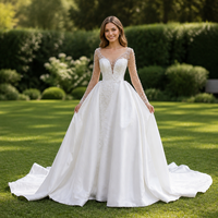 Robe de mariée élégante Jancember 261045, corsage perlé, décolleté illusion, manches longues, satin, robe sirène 2-en-1