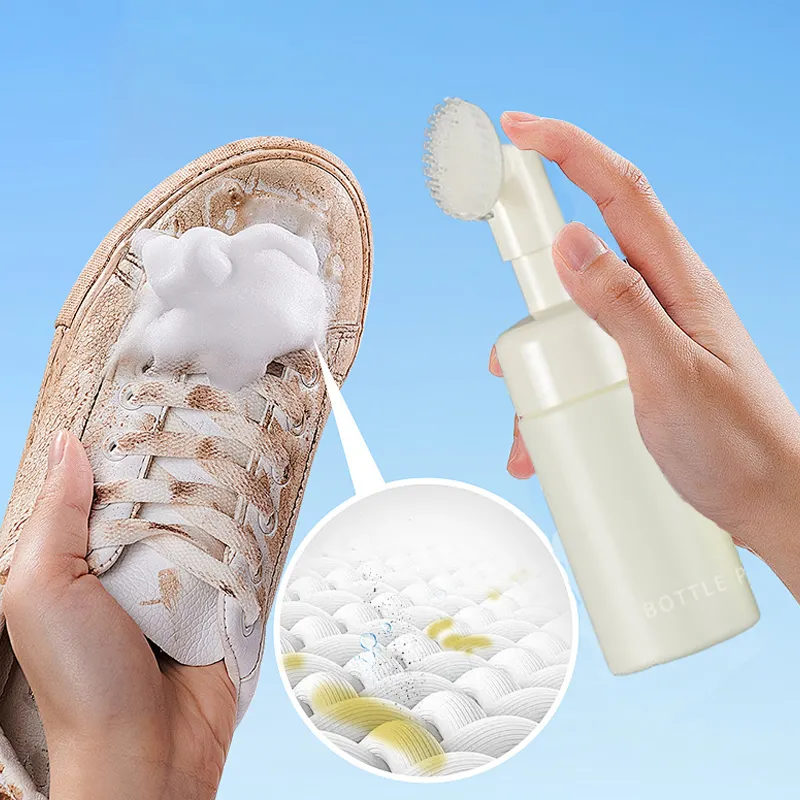 Özel özel etiket ayakkabı köpük derin temizleme sıvısı deri beyaz futbol ayakkabısı temizleyici fırça