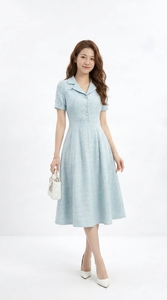 Robe midi de bureau pour femme bleu clair, manches courtes, élégante, coupe trapèze, avec col et boutons sur le devant, prix de gros, livraison directe - Product Image 3
