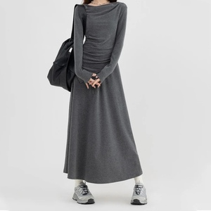 Ensemble 2 pièces décontracté pour femmes, haut asymétrique à épaules dénudées à manches longues et jupe longue, tendance - Product Image 4