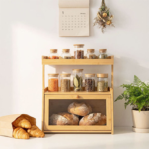 Boîte à pain en bambou à double étage avec porte en verre pour le rangement du pain et des épices dans la cuisine - Product Image 2