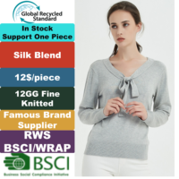 Pull décontracté pour femme en maille fine respirante 5% soie, col rond, avec nœud, idéal pour l'automne