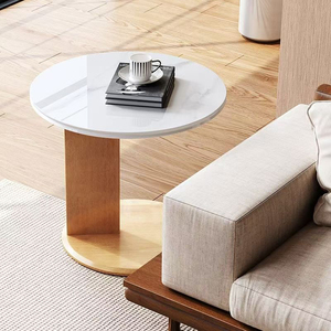 Modern Luxury Small Round Coffee <strong>Table</strong>, Solid Wood Oak <strong>Side</strong> <strong>Table</strong> with New Rock Slab, Durable for Living Room &amp; Bedroom - Product Image 4