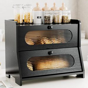 Bread Box Double Layer Black Bamboo With Transparent Window <b>Kitchen</b> Storage Desktop Organizer - Product Image 4