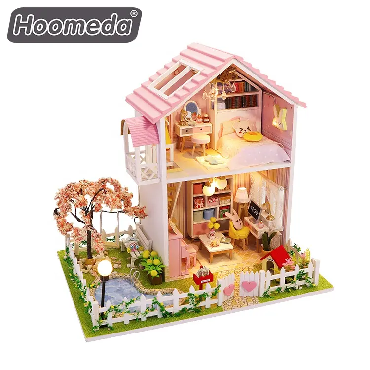 Hongda 나무 미니어처 DIY 인형의 집 장식 공예 소녀를위한 2 층 핑크 인형의 집