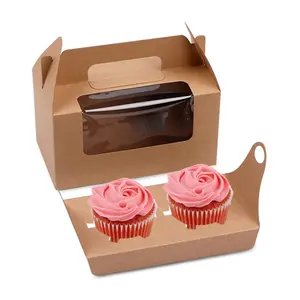 Harga lebih murah daur ulang kustom kertas Kraft coklat kotak kemasan Cupcake roti kue dengan jendela plastik bening