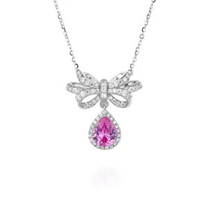 DEYIN Oem New S925 Silver Pink Lab Gemstone Bow Tie Princess Knot Water droplet Necklace Link For Woman