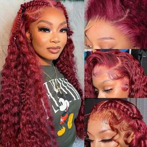 Rambut HD Transparan Bergelombang Dalam Berwarna # Wig Rambut Asli Brasil 99j Burgundy 13x4 13x6 HD Lace Front Model Body Deep Wave untuk Wanita Kulit Hitam - Product Image 6