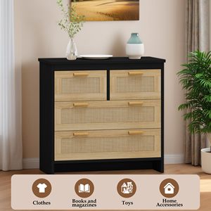 <span class=keywords><strong>Commode</strong></span> à 4 tiroirs, <span class=keywords><strong>commode</strong></span> en rotin <span class=keywords><strong>noir</strong></span> avec poignées en <span class=keywords><strong>métal</strong></span>, <span class=keywords><strong>commode</strong></span> d'entrée pour chambre à coucher - Product Image 4