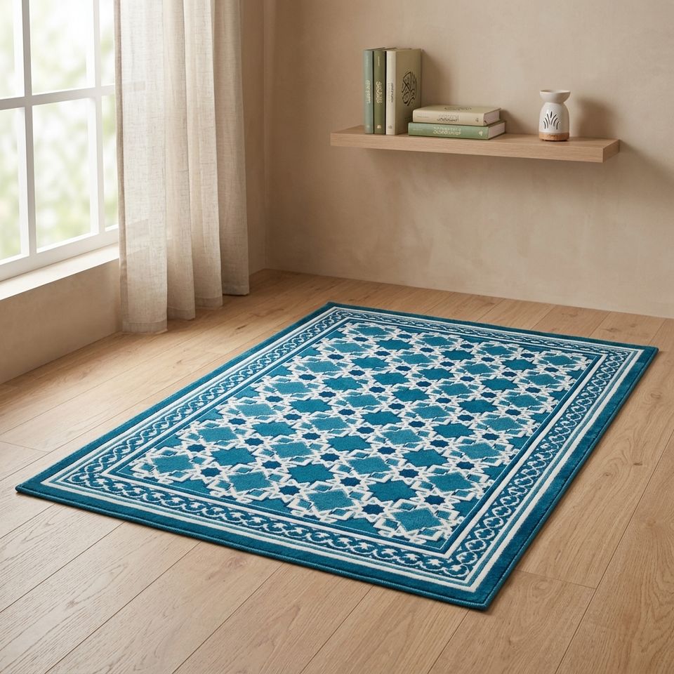 Extra Large Islamic Prayer Mat Turkish Blue Geometric Non Slip Washable ...