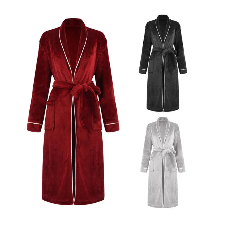 Wholesale luxury winter women fleece red robe super soft and breathable coral fleece and flannel bathrobe